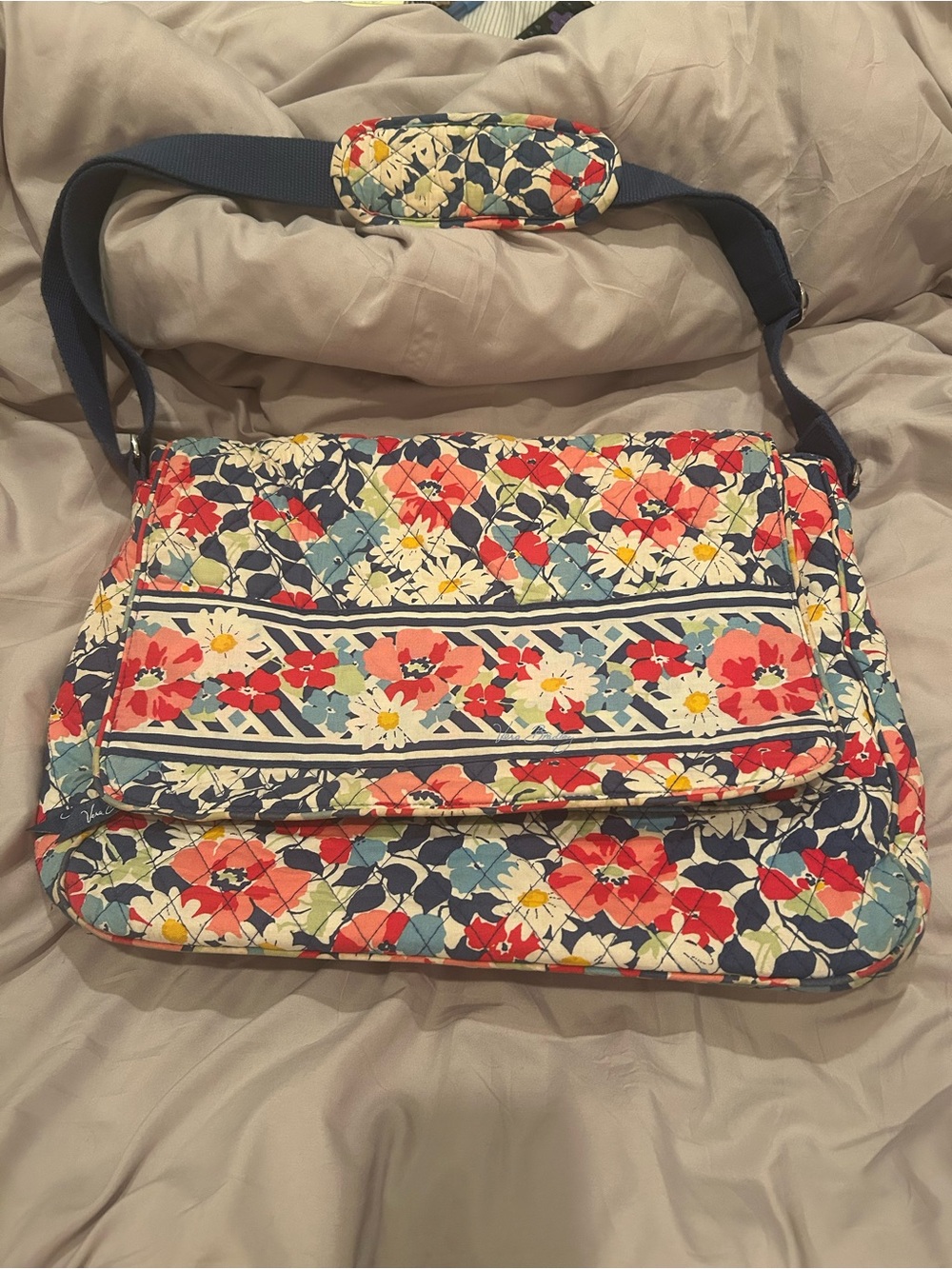 Vera Bradley Navy Quilted Floral Crossbody with Coral & Yellow Accents